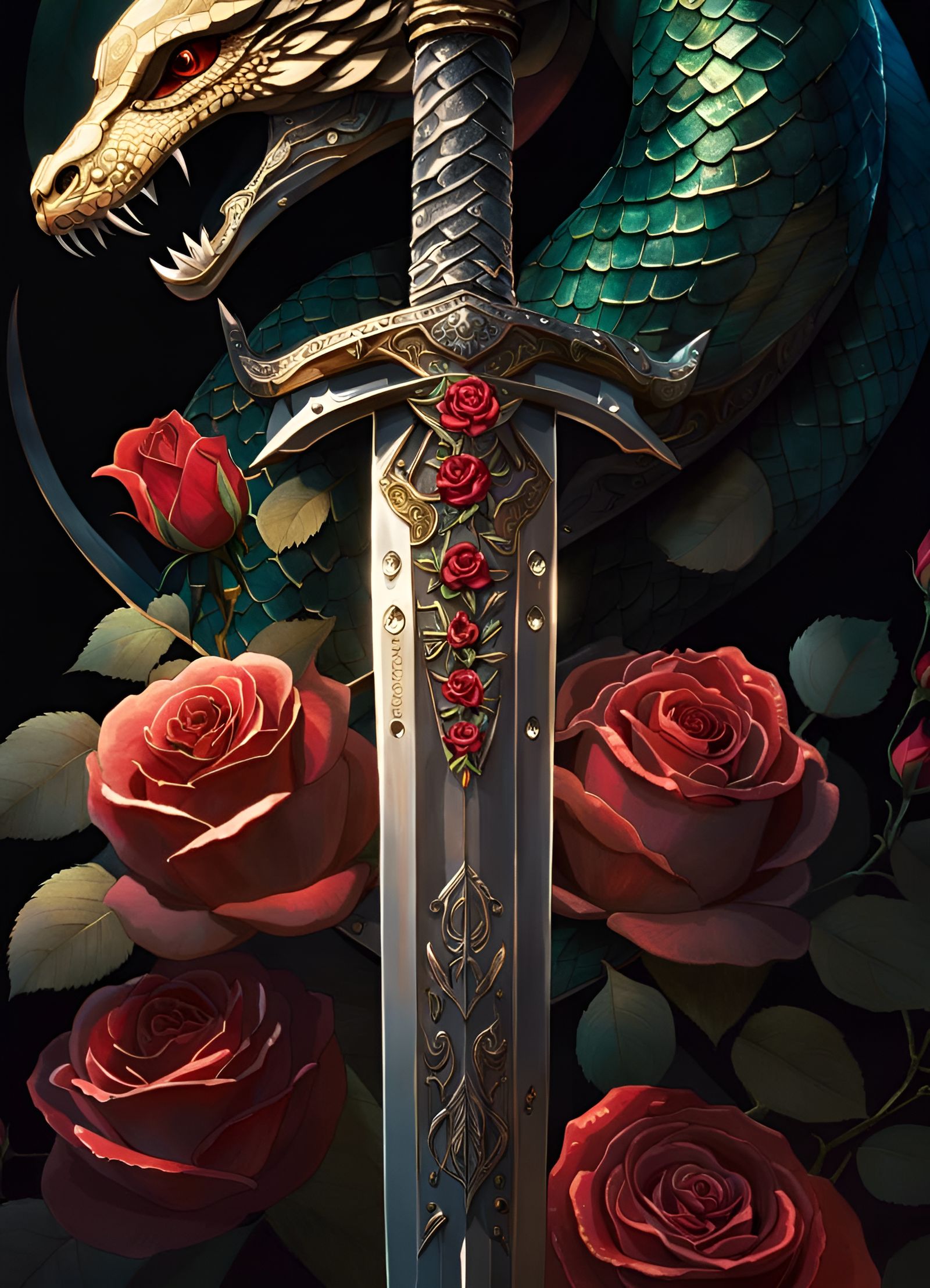 Serpents Guarding Rose-Engraved Sword, Digital Art