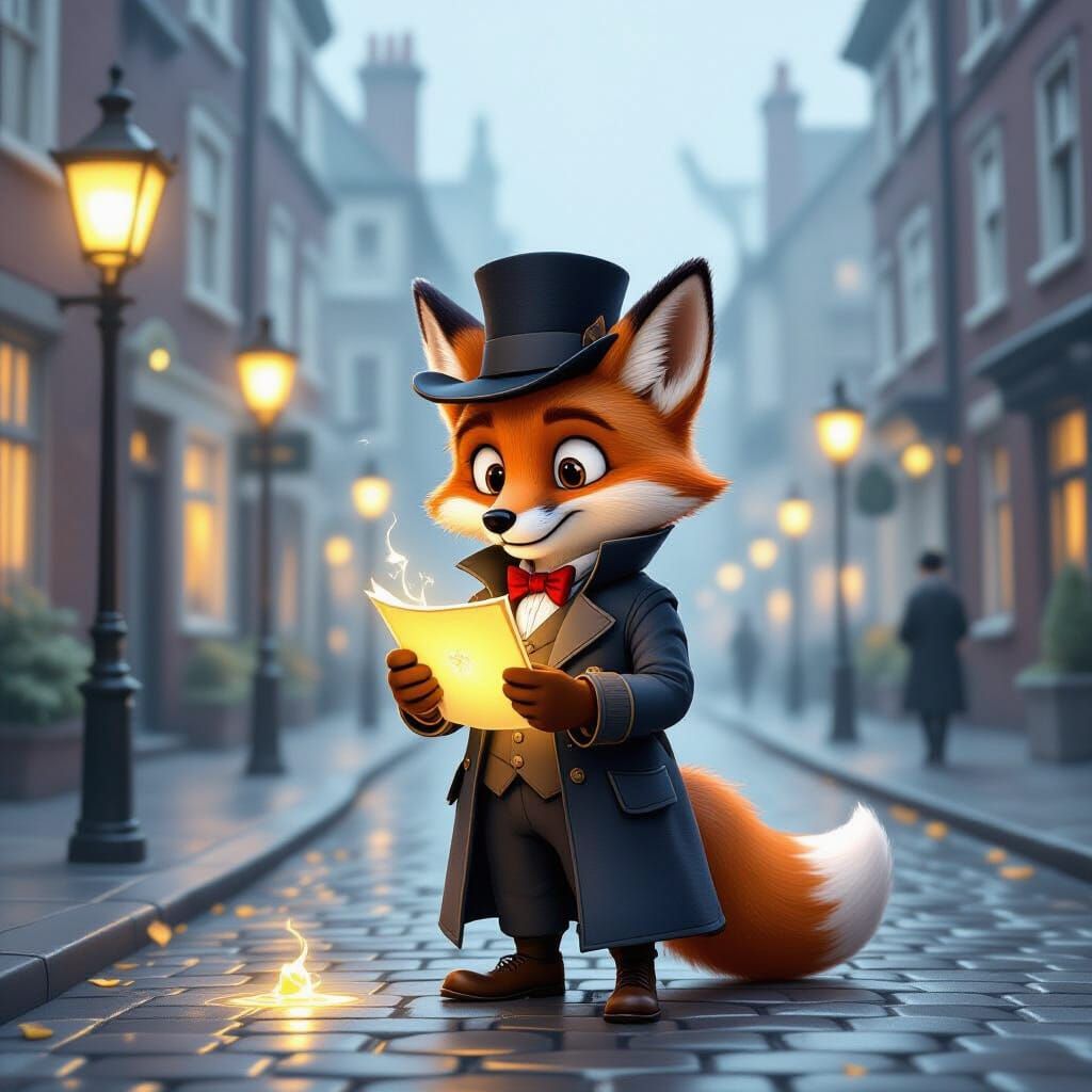 Victorian Fox Detective Investigates Glowing Clue on Foggy L...