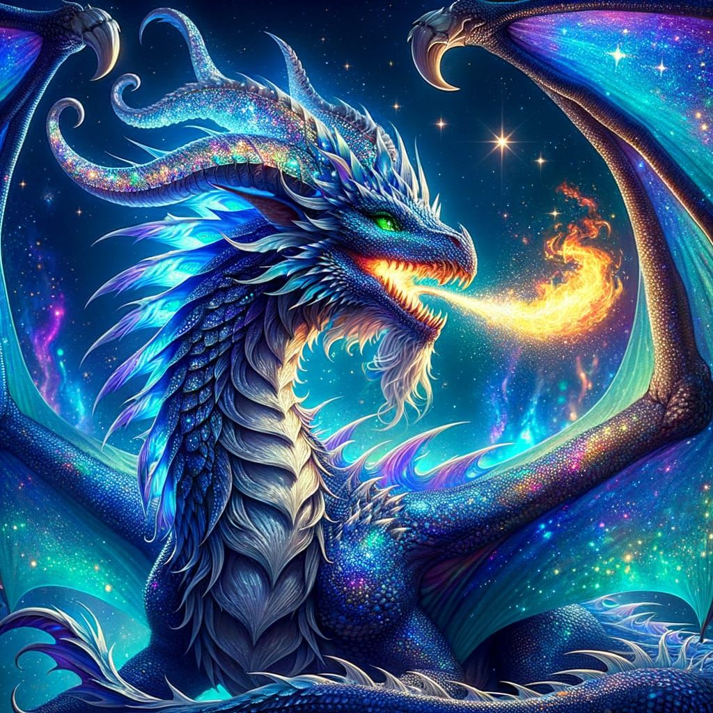 Majestic Royal Blue Dragon with Turquoise Flames and Stardus...