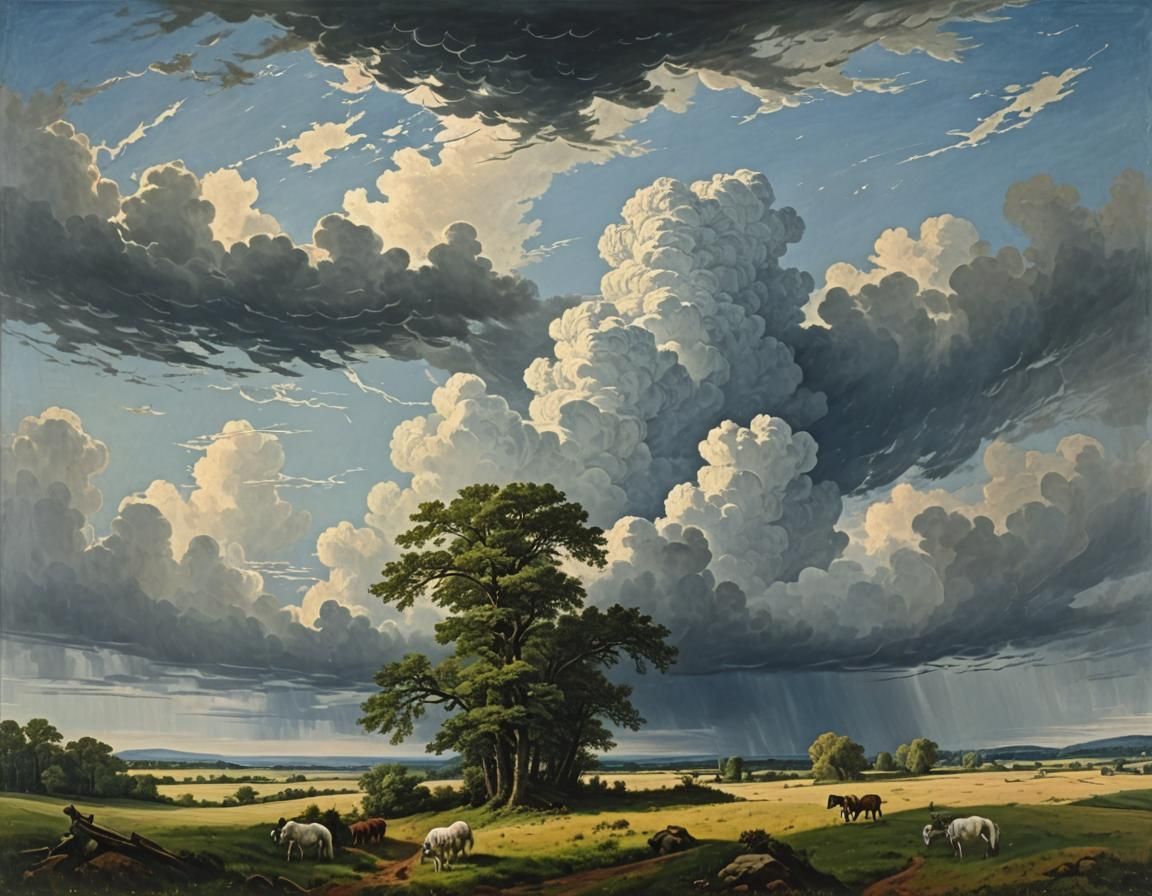 White Horses and Storm Clouds in Oil Painting