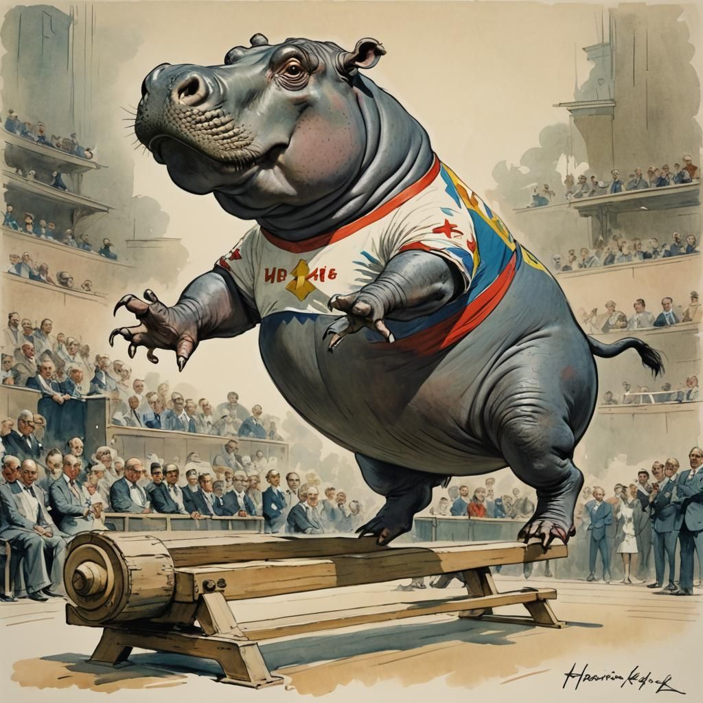 Hippo Gymnast at the Olympics as Vintage Art
