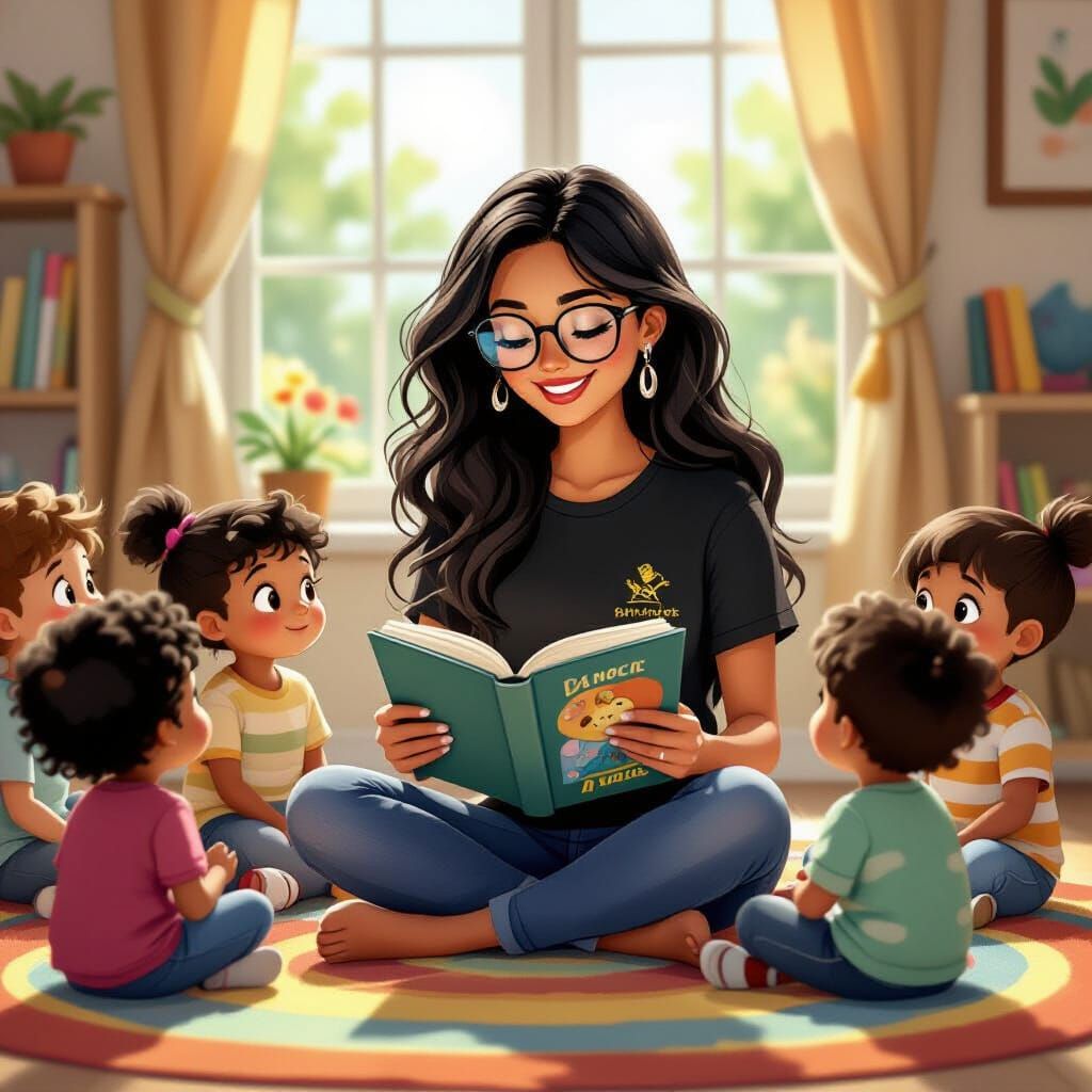 Latina Teacher Reading to Preschoolers in Cozy Setting