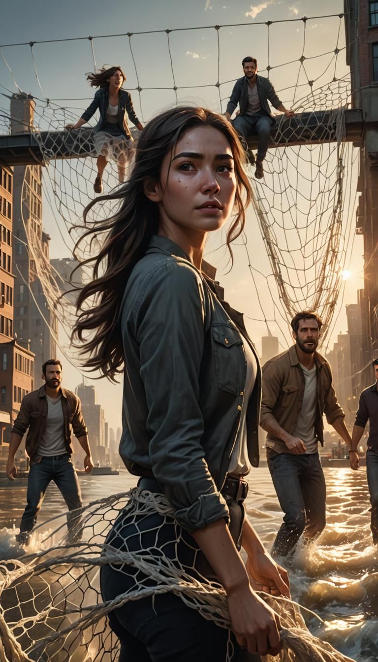 Woman Falling into Safety Net: Hyper-Realistic Concept Art