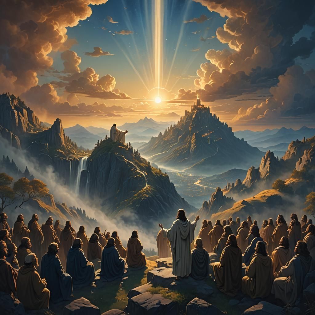 Jesus Recites Bible Atop Mountain: Baroque Fantasy Art