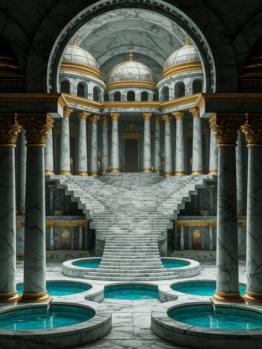 Temple City Within a Rustic Key, Marble Steps and Gold Domes