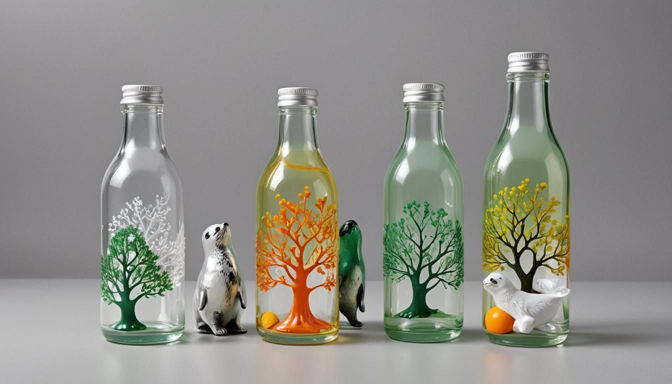 Seasonal Trees Inside Bottles: Hyperrealistic Digital Art