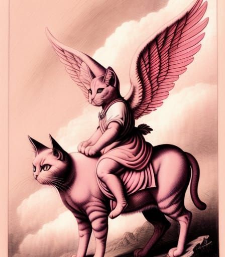 Winged Pink Cat Angel Rides Giant Pink Cat