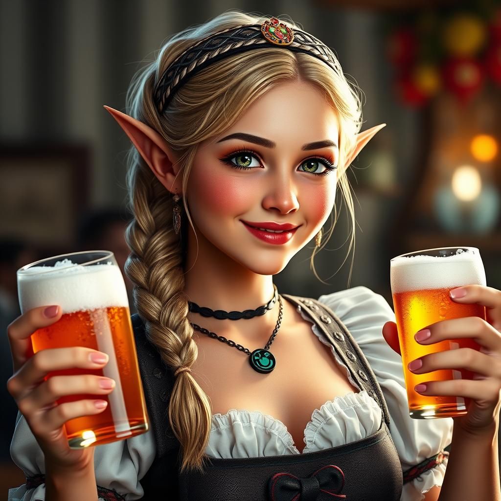 "(((Beautiful lady waitress Elf Princess carrying beers duri...