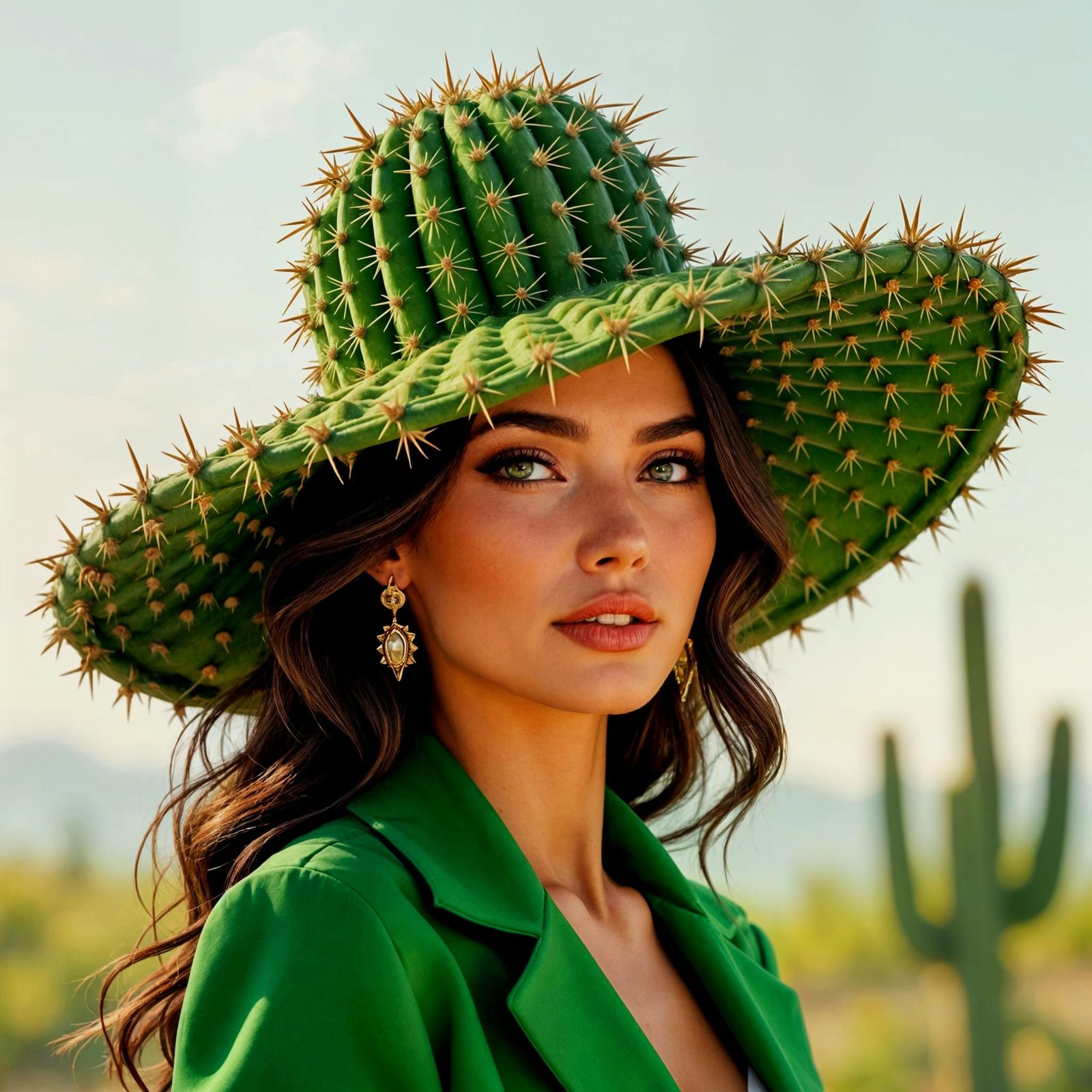 Woman Wearing Cactus Hat With Sharp Spikes