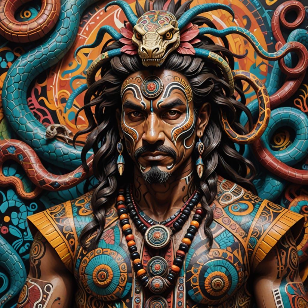 Graffiti Portrait of Snake Man in Aztec Style