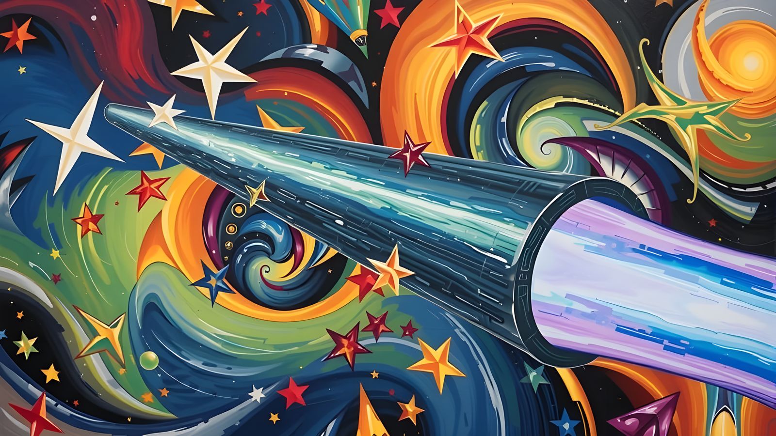 Sleek Mirror Cylinder in Cosmic Paint Vortex