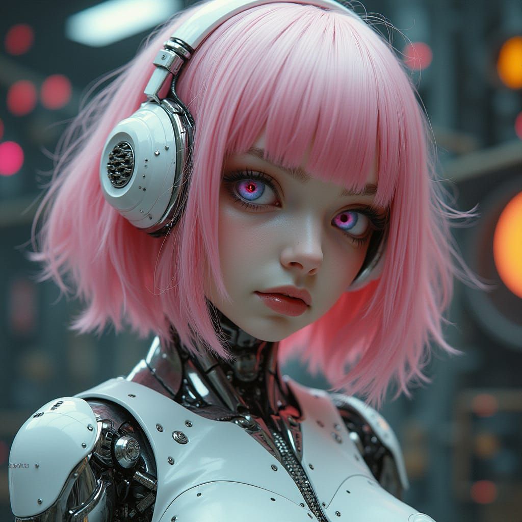 Cybernetic Goddess with Chrome Steel and Soft Pastel Pink Ha...