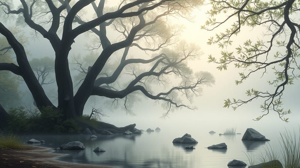 Ethereal Morning by a Serene Lake with Ancient Trees