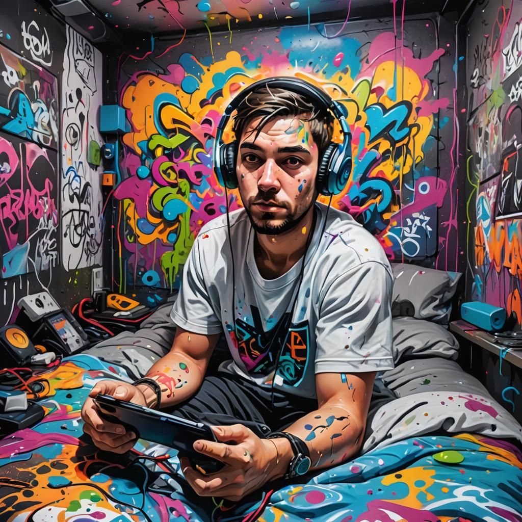 Gamer Immersed in Mobile Gaming, Graffiti Art Style