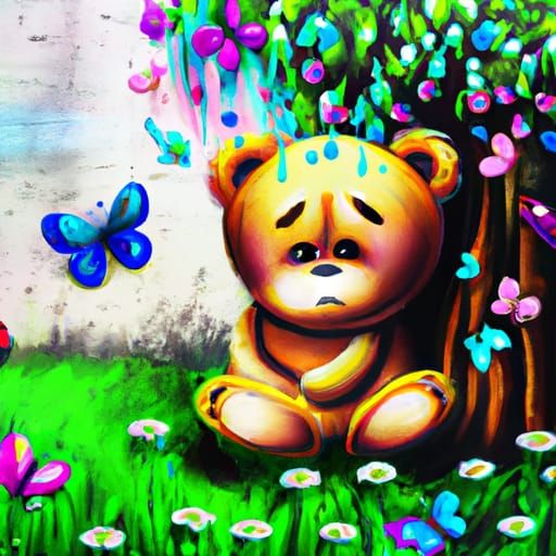 Teddy Bear in Glitter Meadow, Graffiti Art