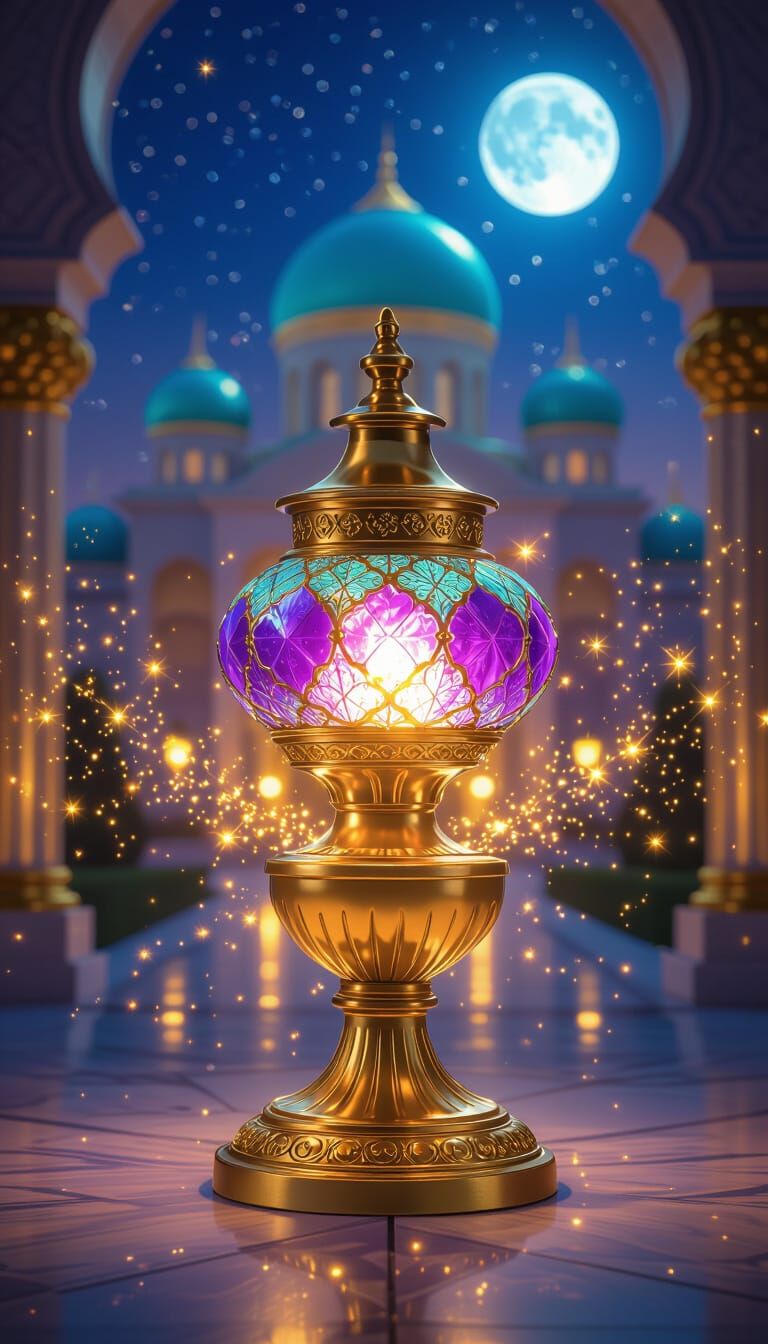 Elegant Golden Lamp with Violet Accents in Regal Palace