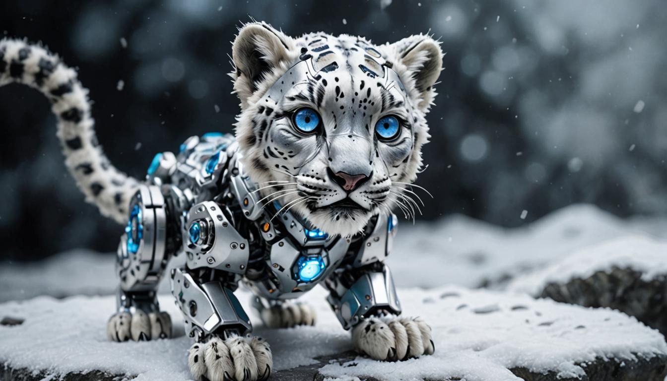 Photorealistic Baby Snow Leopard Cyborg with Robotic Details