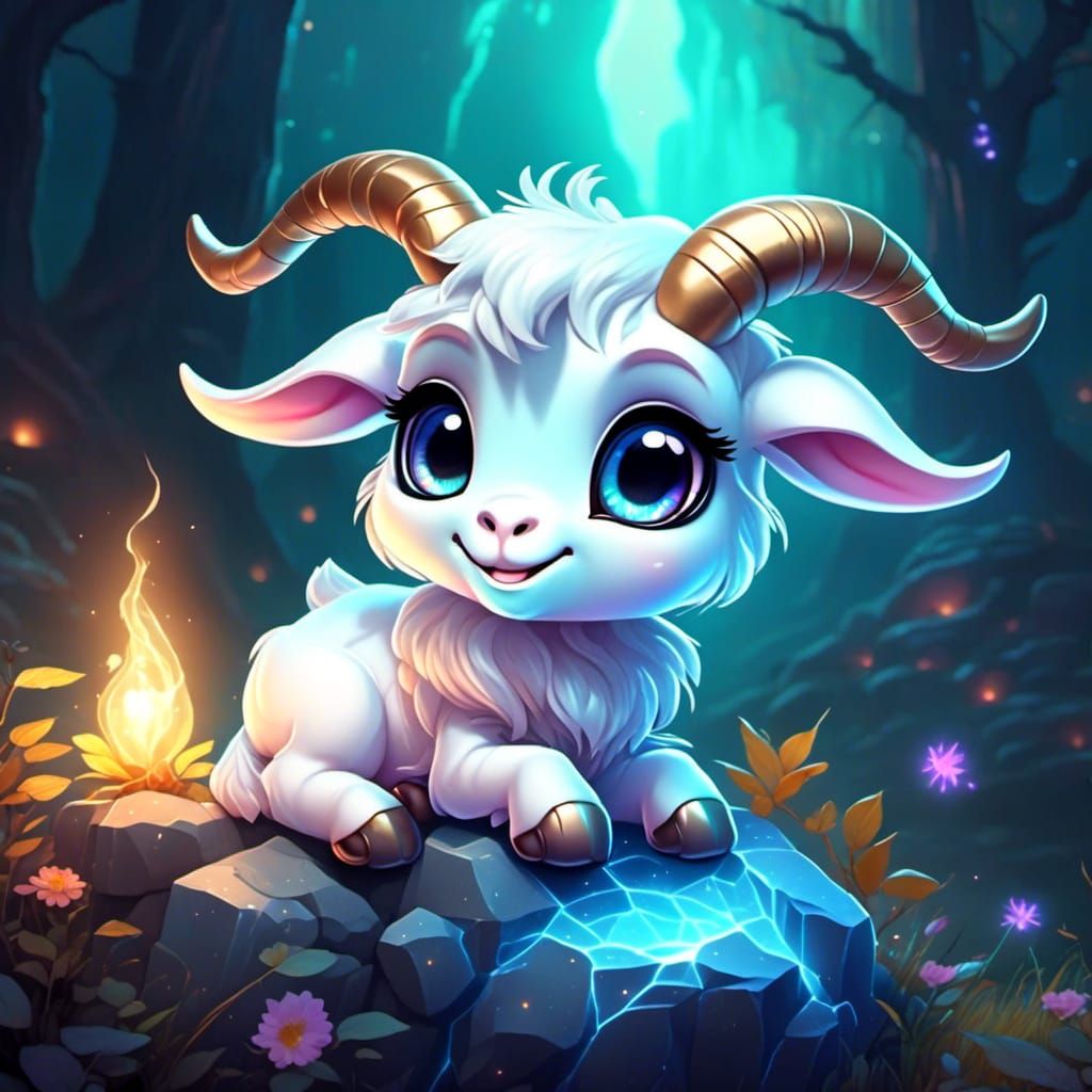 Cute Chibi Ghost Goat on Glowing Rock
