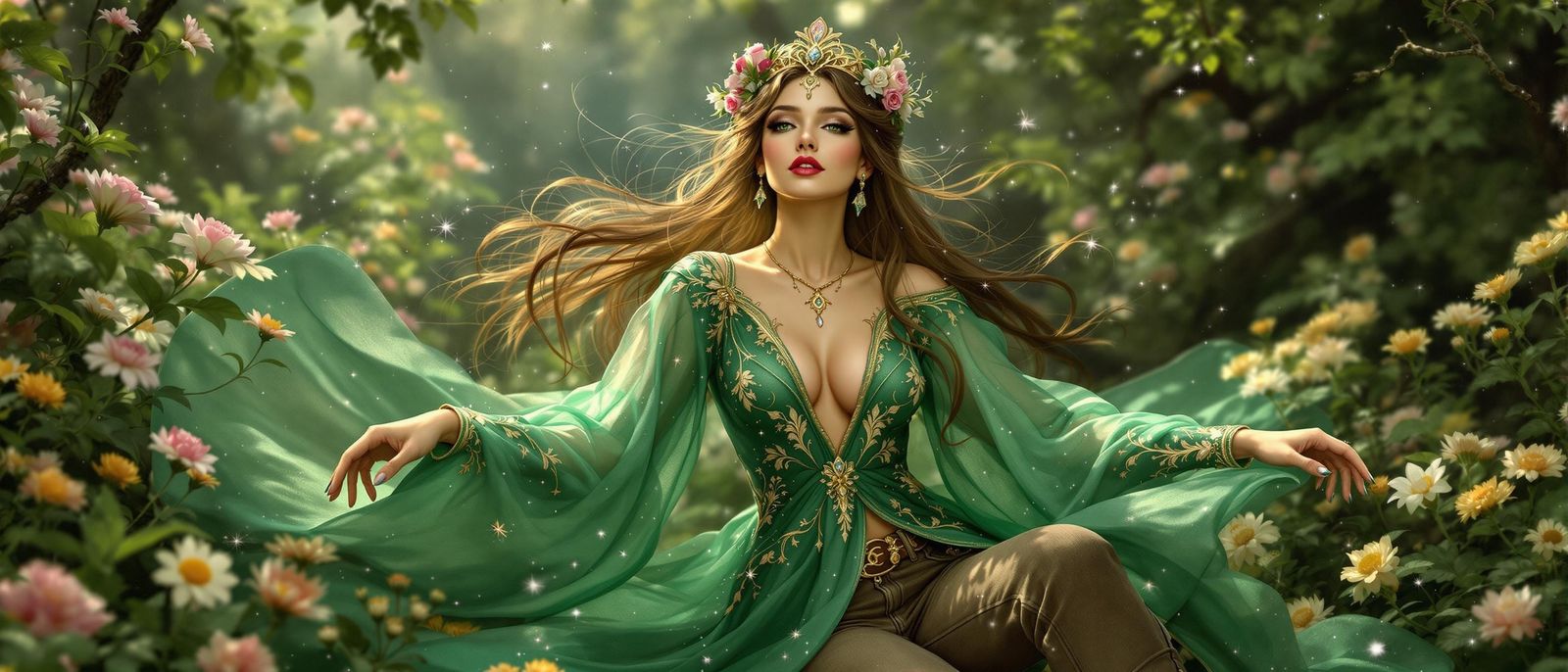 Regal Fairy Queen in Emerald Green Tunic with Whimsical Spri...
