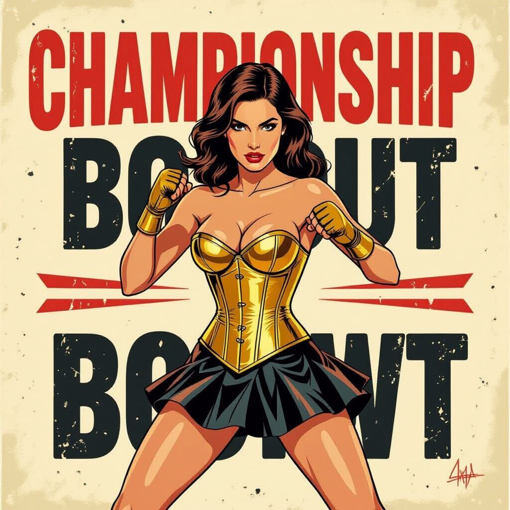 Vintage Boxing Poster: Woman in Gold Corset Mid-Punch