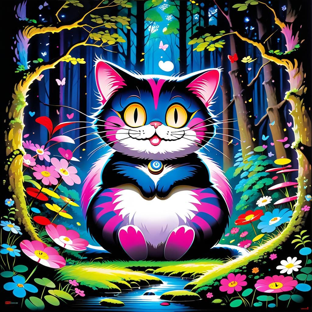 Vivid Cheshire Cat in Dark Forest, Pop Art Style