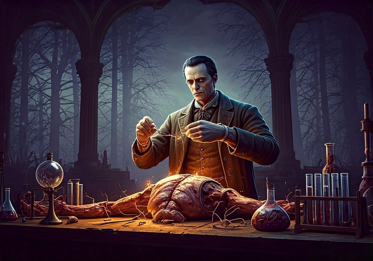 Frankenstein's Dark Creation in Art Nouveau Style