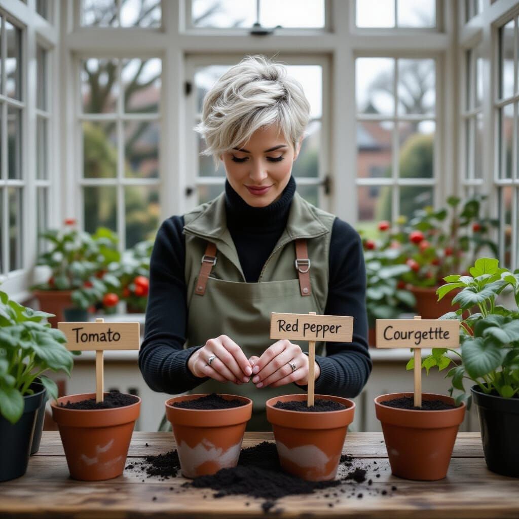 Woman Gardening in Winter Conservatory Cinematic Style
