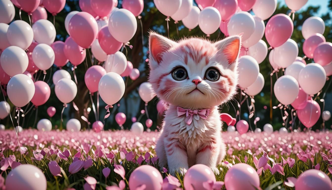 Adorable Pink Kitten in Balloon Field, Detailed Art