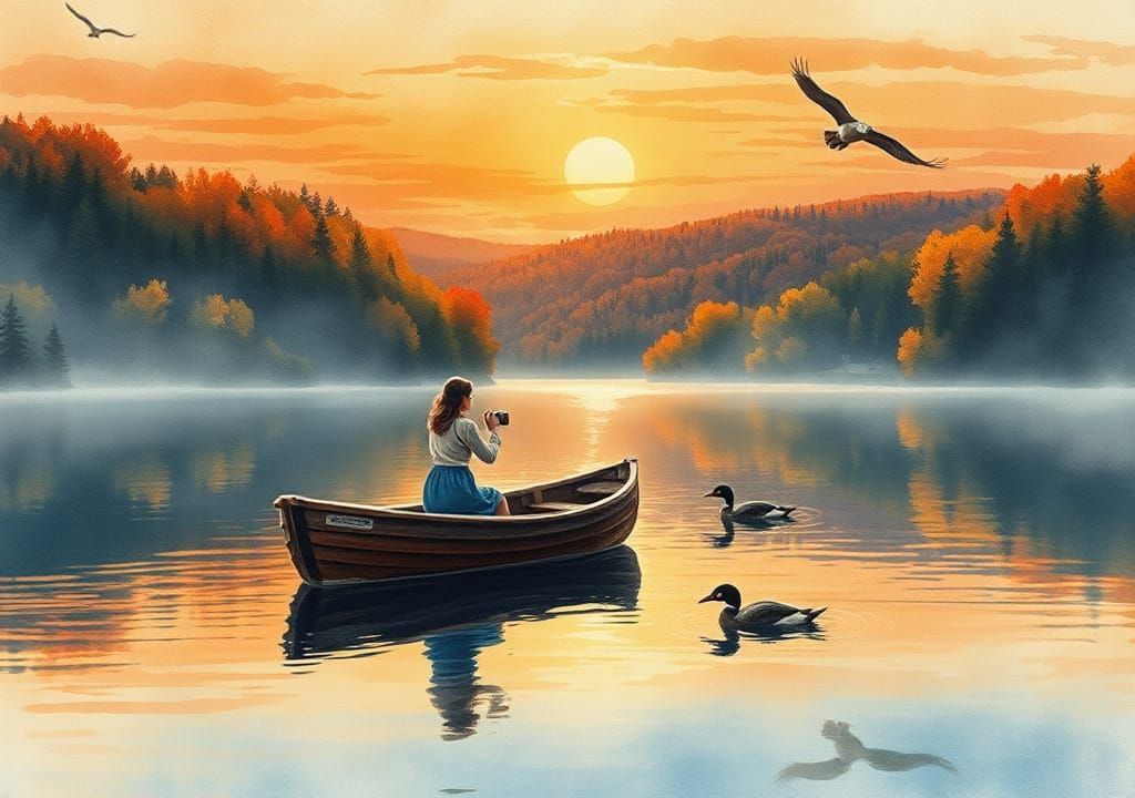 Vintage Watercolor: Woman on Loon Lake at Sunset