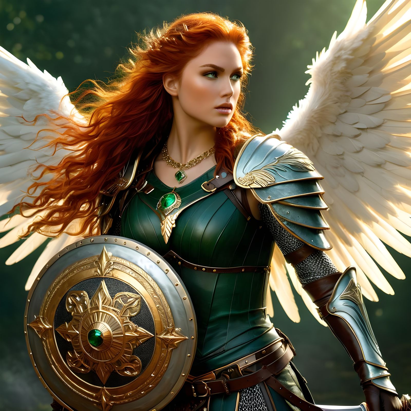 Majestic Winged Warrior in Green Leather Armor