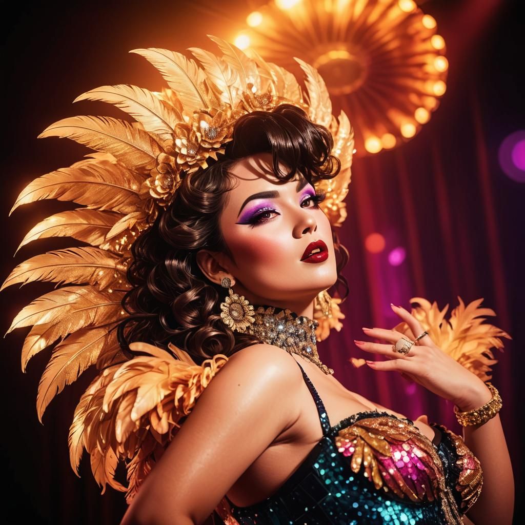 Anime Burlesque Showgirl in Vibrant Art Nouveau Setting