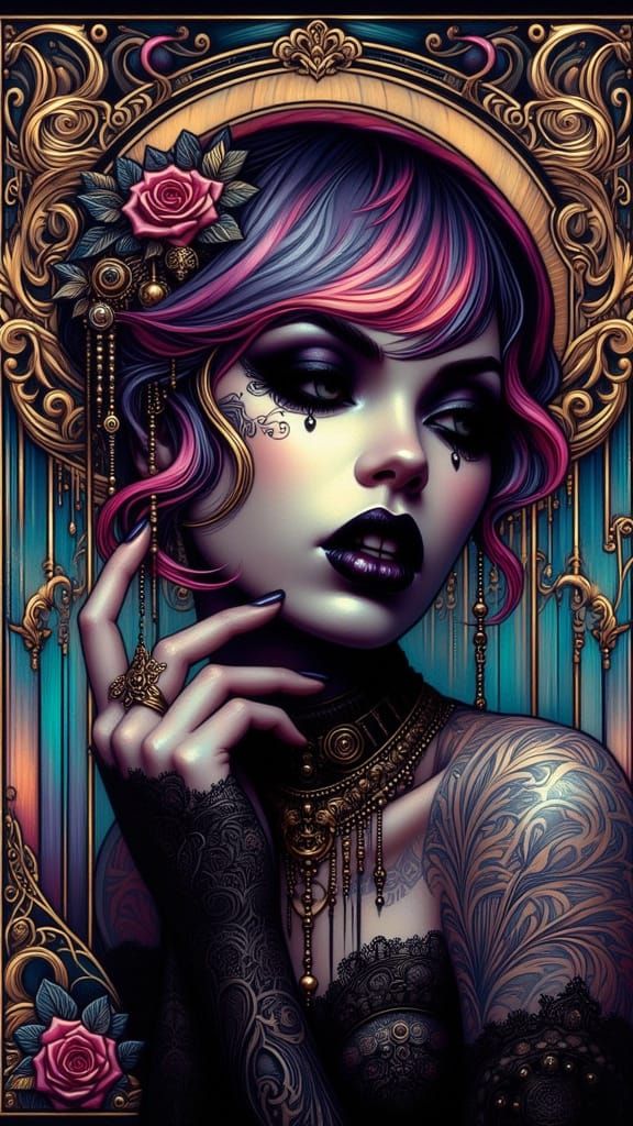 Art Nouveau Steampunk Woman in Neon City