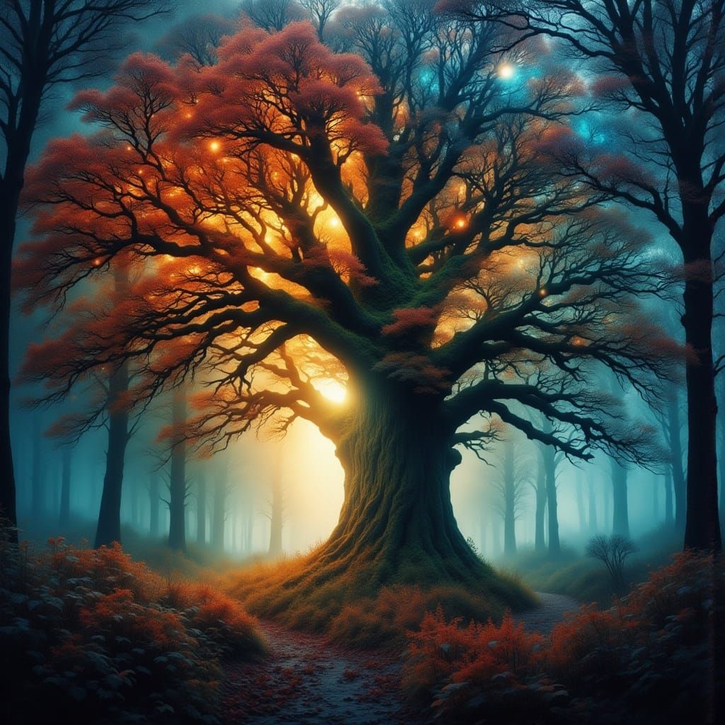 Ancient Tree of Light in Abstract Art Style