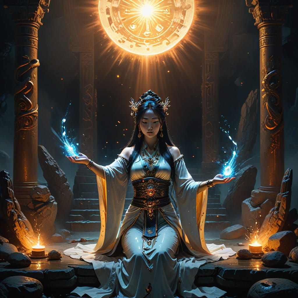 East Asian Priestess Performs Ritual in Ethereal Glow