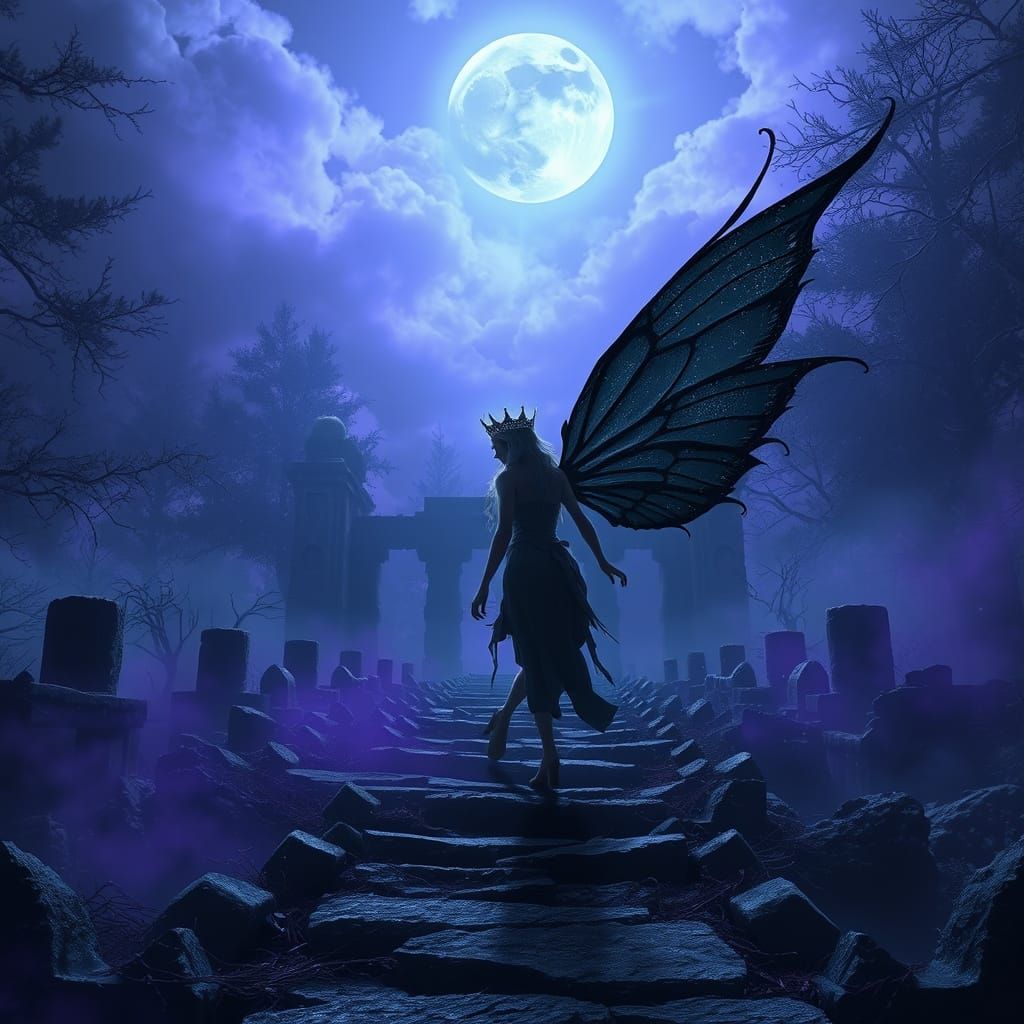 Solitary Fairy in Ruined Temple, Dark Fantasy Art