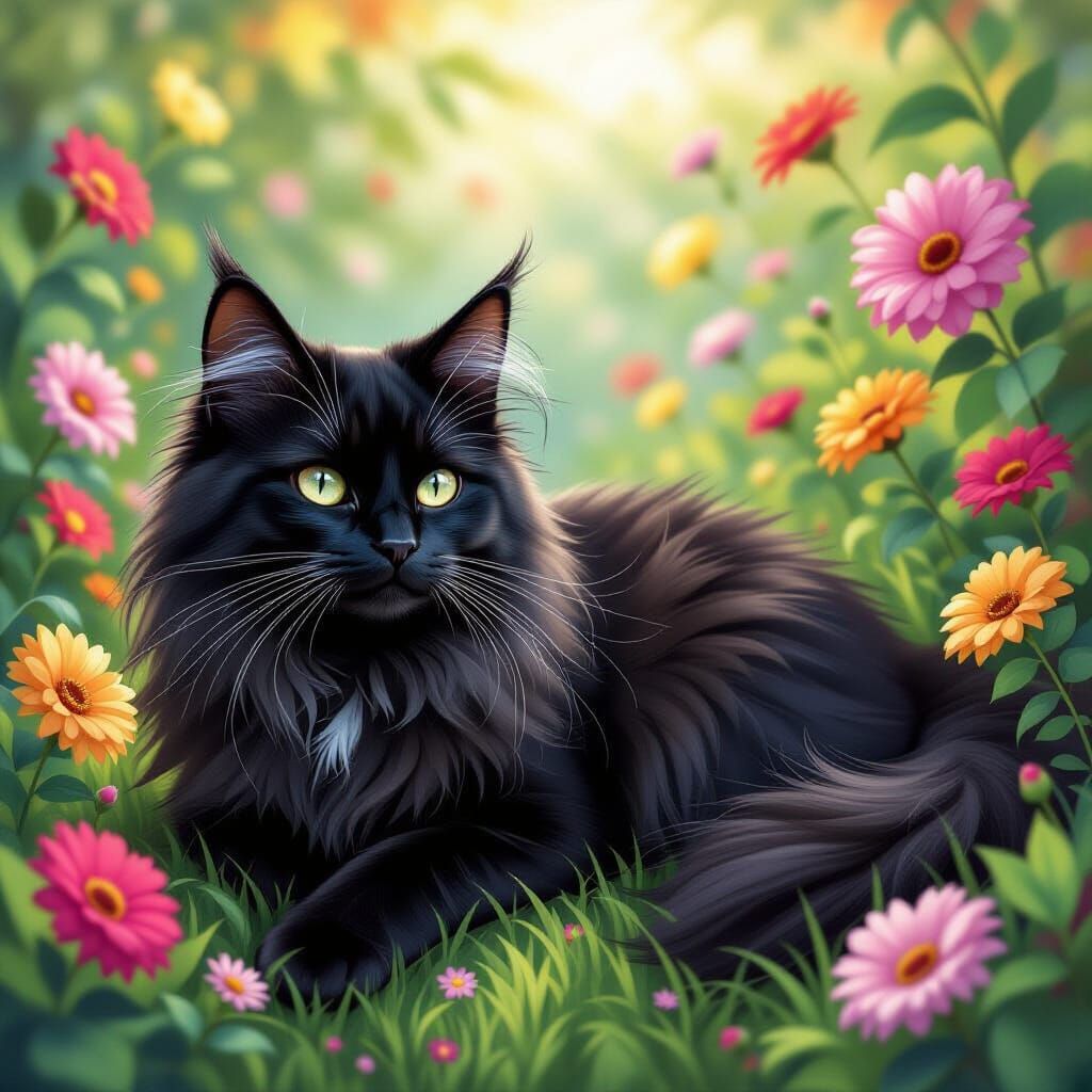 Airbrush Art: Longhair Cat in Vibrant Garden