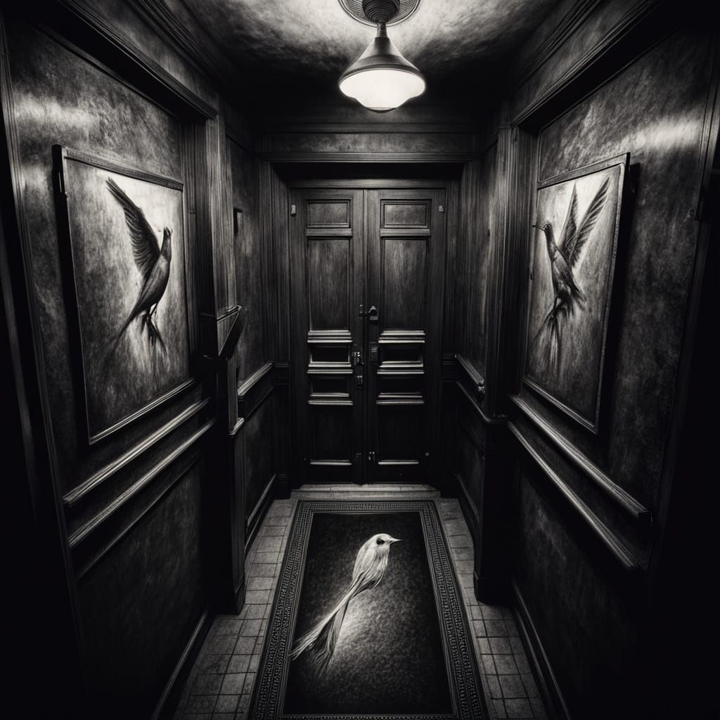 Charcoal Drawing of Deserted Hotel Elevator