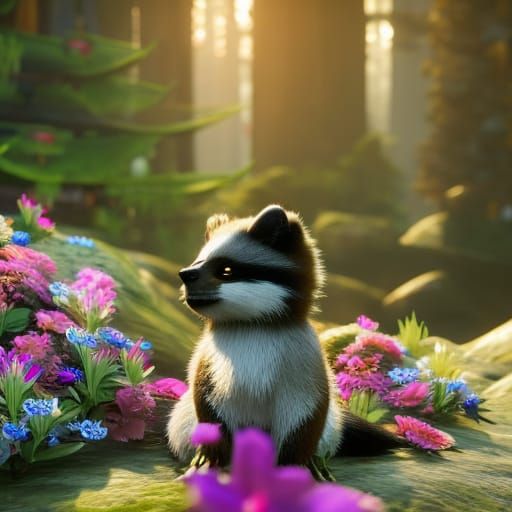 Sleeping Raccoon in Sunlight and Roses: Hyperrealistic Digit...