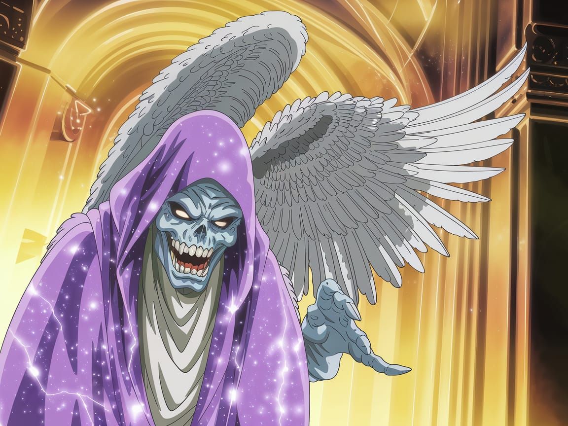 Surreal Encounter: Grotesque Angel of Death in Cosmic Purple...