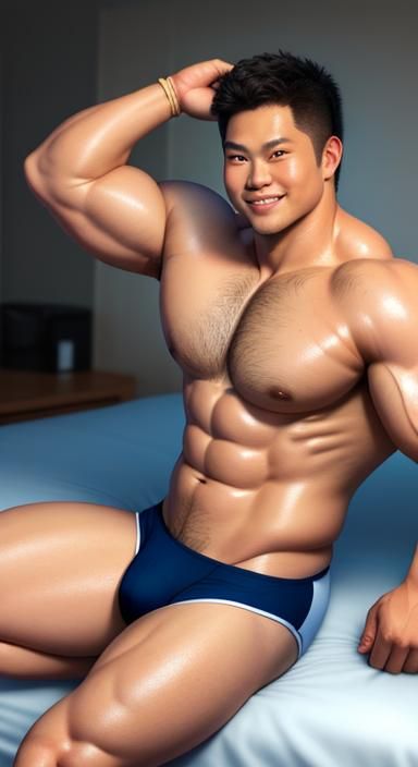 Muscular Filipino Man Flexing Biceps in Bed