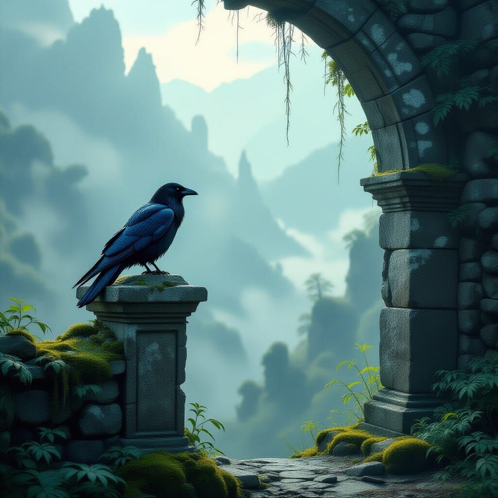 Raven on Ancient Archway Overlooking Misty Valley