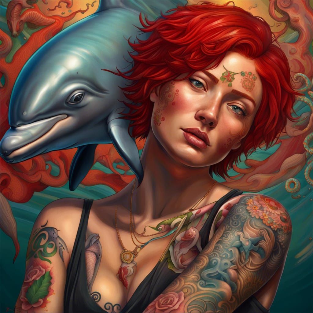 Tattooed Redhead Woman: Hyperrealistic Splash Art
