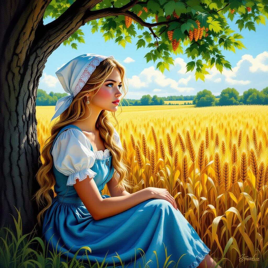 Ash-Blond Maiden in Wheat Field, Graffiti Art