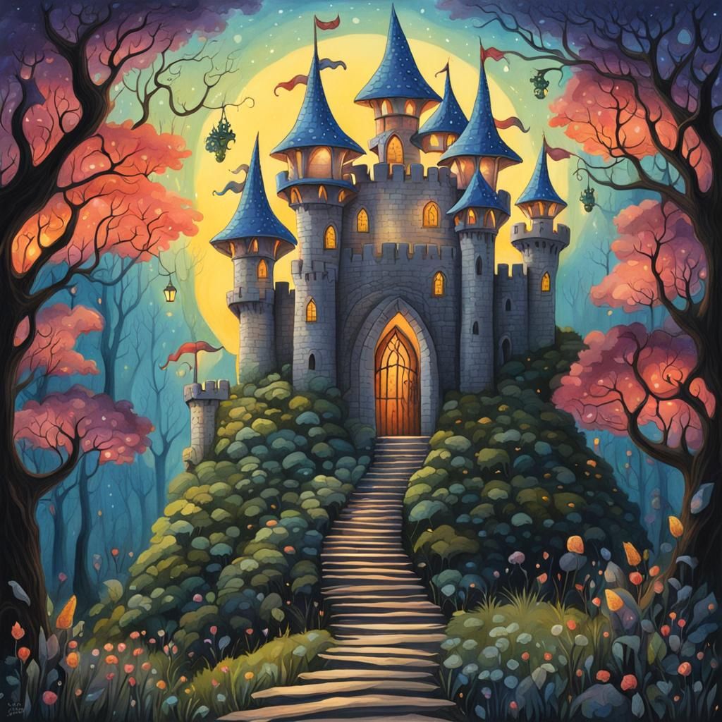 Whimsical Castle in Forest, Fantasy Art Style