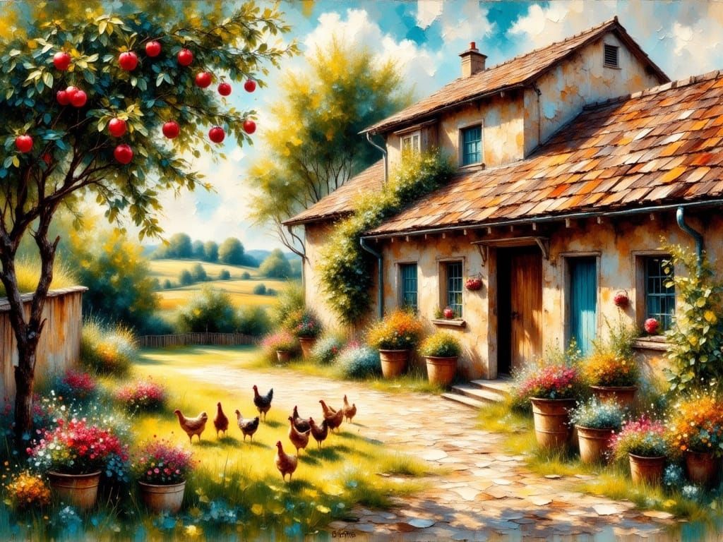 Impasto Oil Painting of Tranquil Rural Courtyard