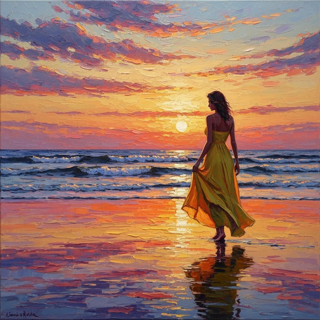 Woman on Beach at Sunset in Impasto Style