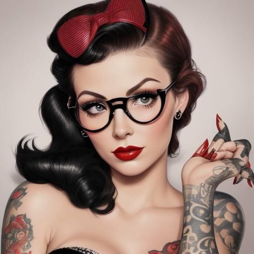 Tattooed Pin-Up Girl with Glasses