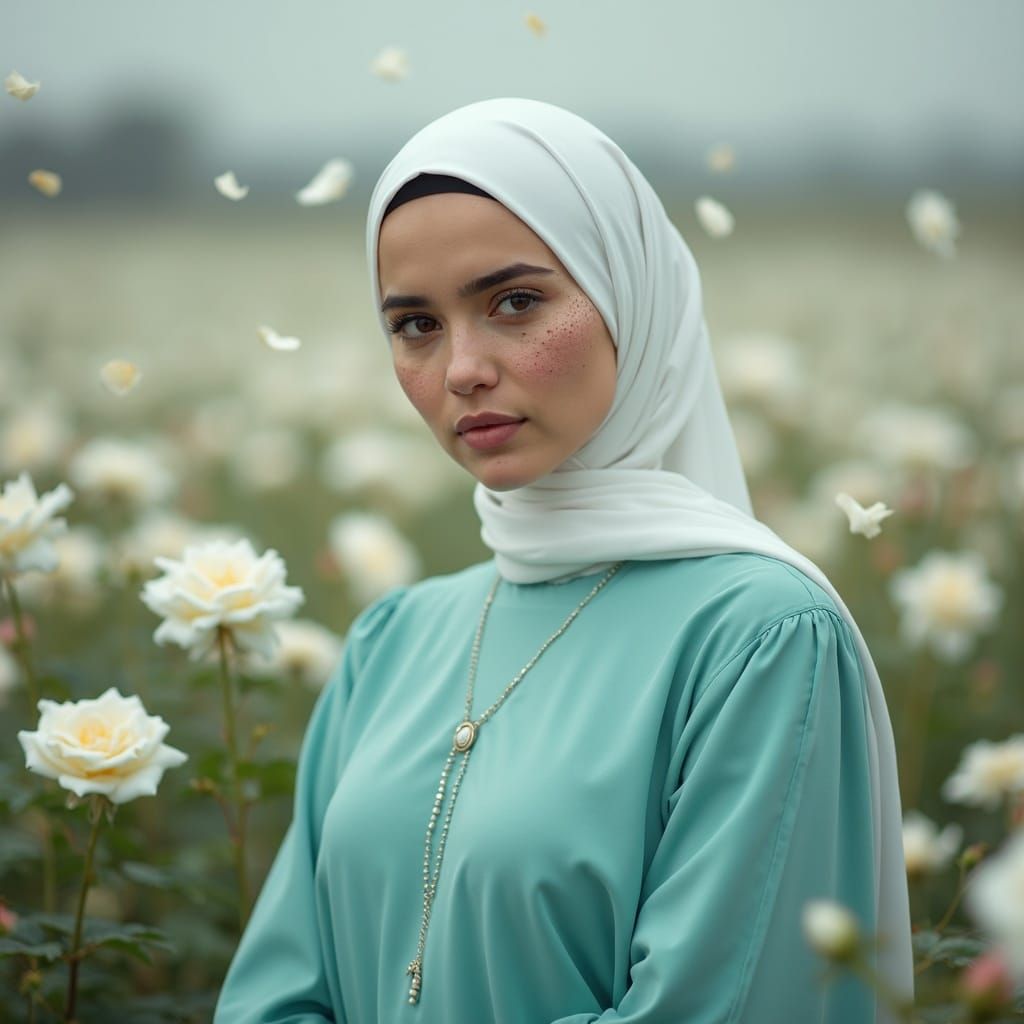 Hijabi Woman in White Roses Field