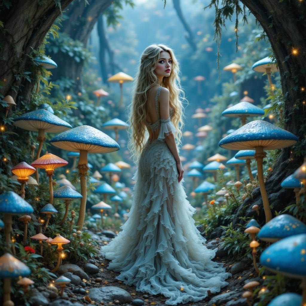 Princess in Bioluminescent Grotto, Ethereal Fantasy Art