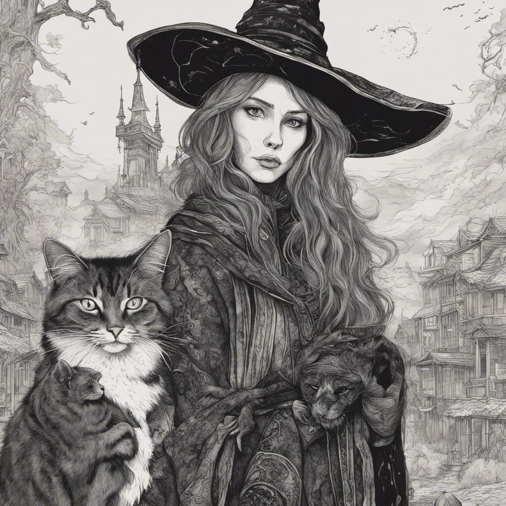 Intricate Ink Drawing of a Witch and Cat